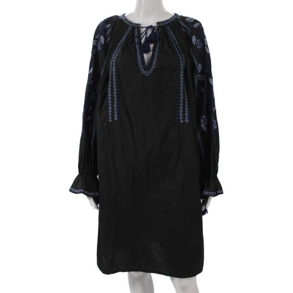 Ne Quittez Pas Women Shift Dress Black V-Neck Long Sleeve Floral Size S